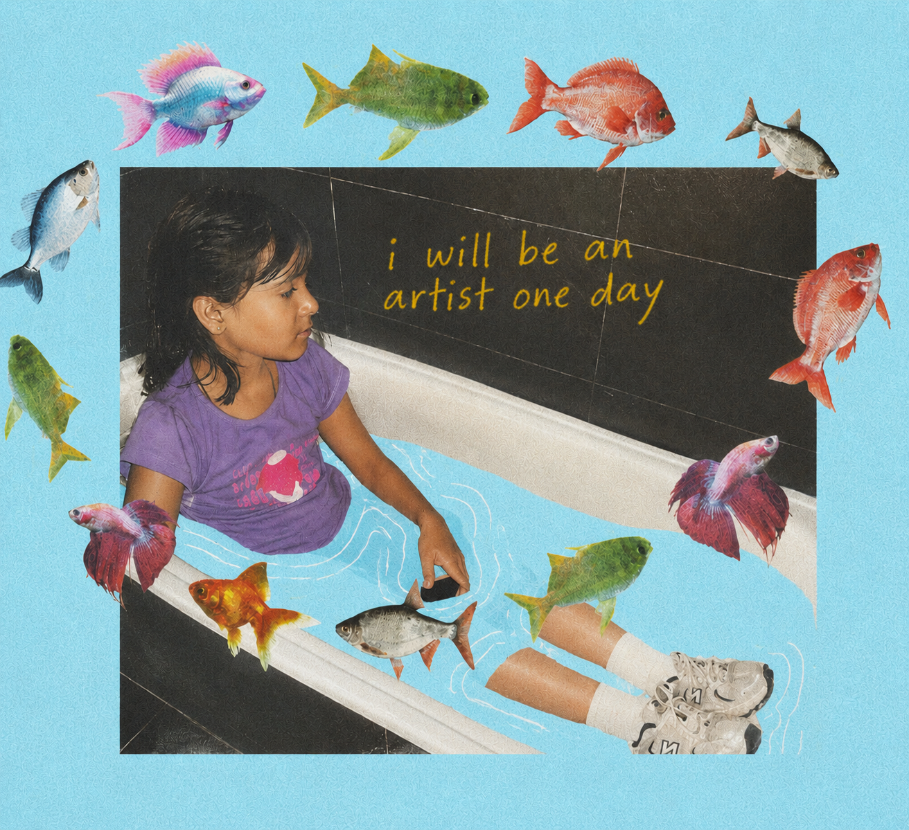 Childhood photo with painted fish, captioned: i will be an artist one day
